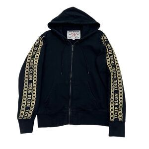 True Religion Hoodie Mens Small Black Gold Chain Spell Out Sleeves Full Zip